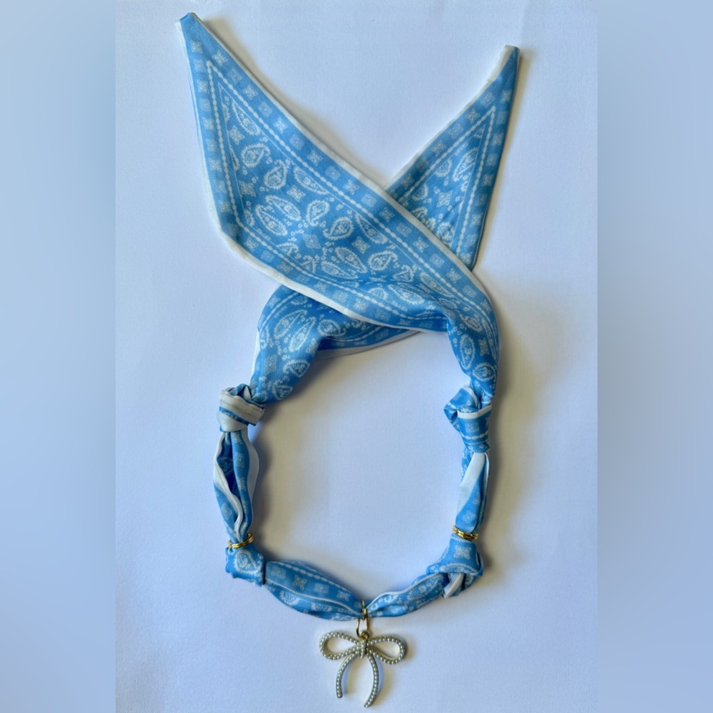 Blue Bandana Necklace with Silver Bow Pendant